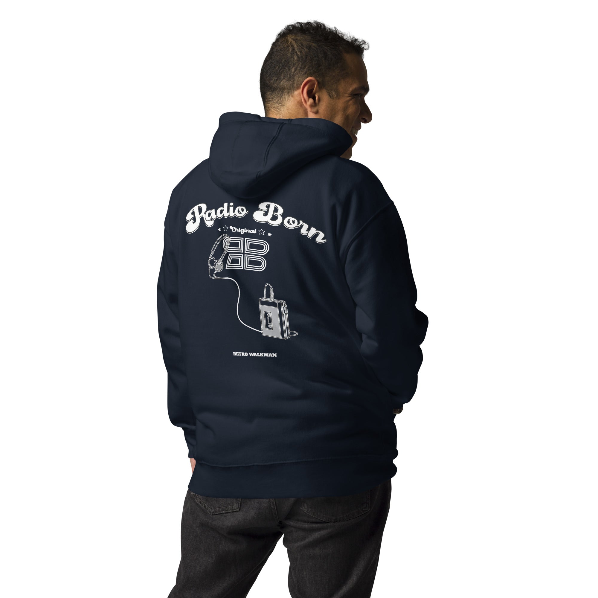 Unisex premium hoodie in navy blazer, back view
